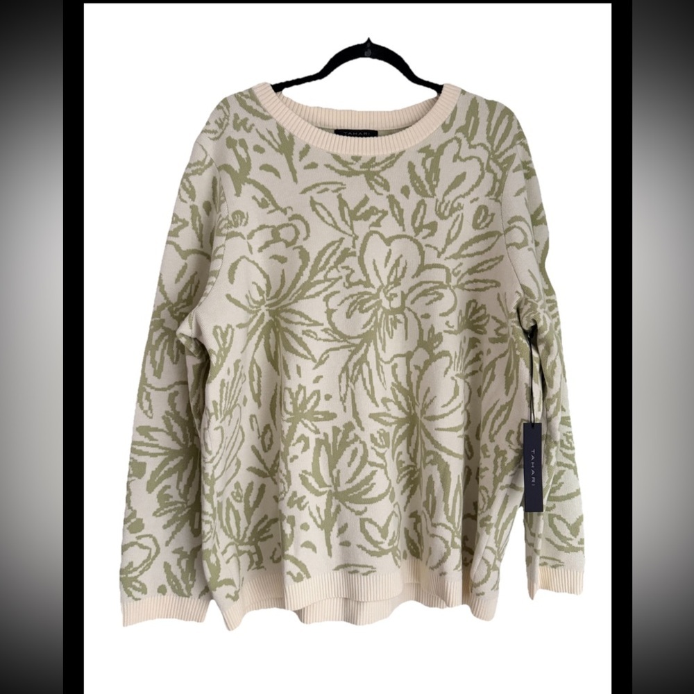 TAHARI Women’s Pullover Lt Sage Green White Patterned Sweater NWT Sz 2X